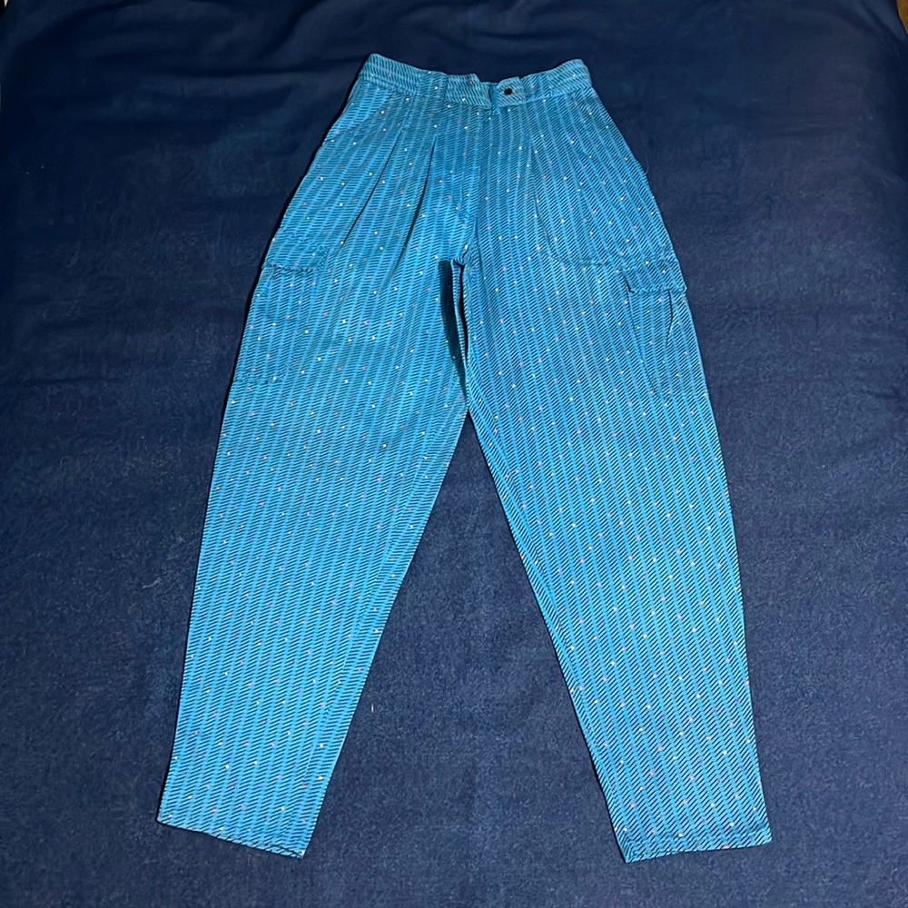 Unique Vintage High Waisted Pleated Funky Patterned Teal Pants w/ Polka Dots